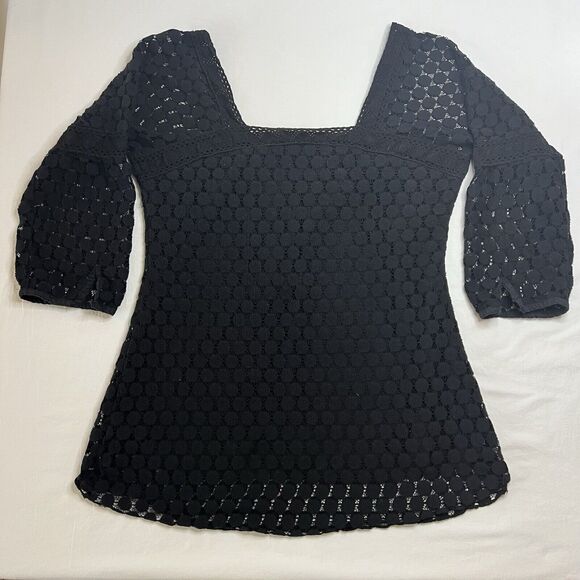 Black Crochet Lace Boho Square Neck 3/4 Sleeve Top Size L Whimsy Goth Witchy - Picture 1 of 11